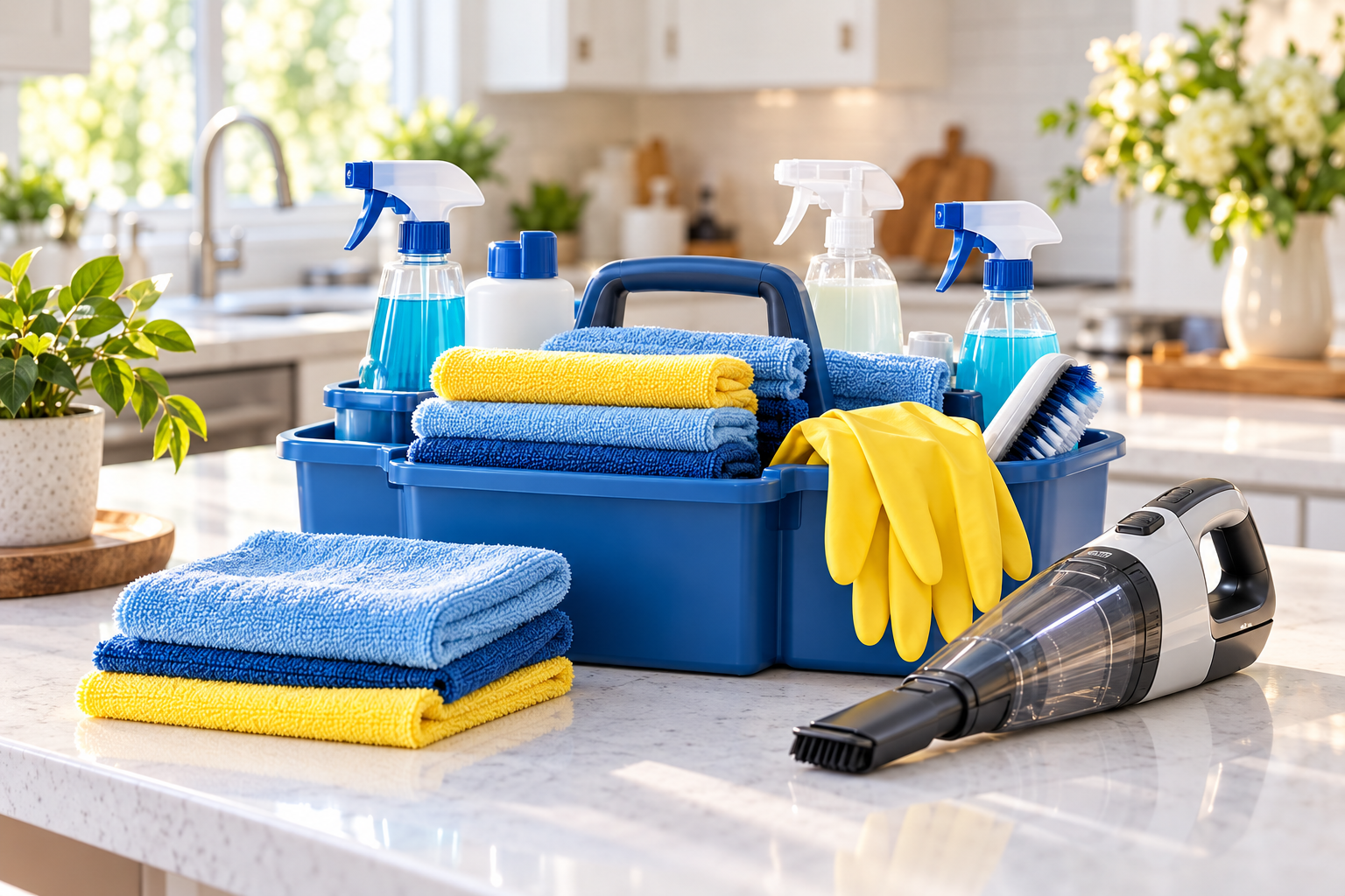 Professional cleaning caddy, microfiber cloths, gloves and compact equipment